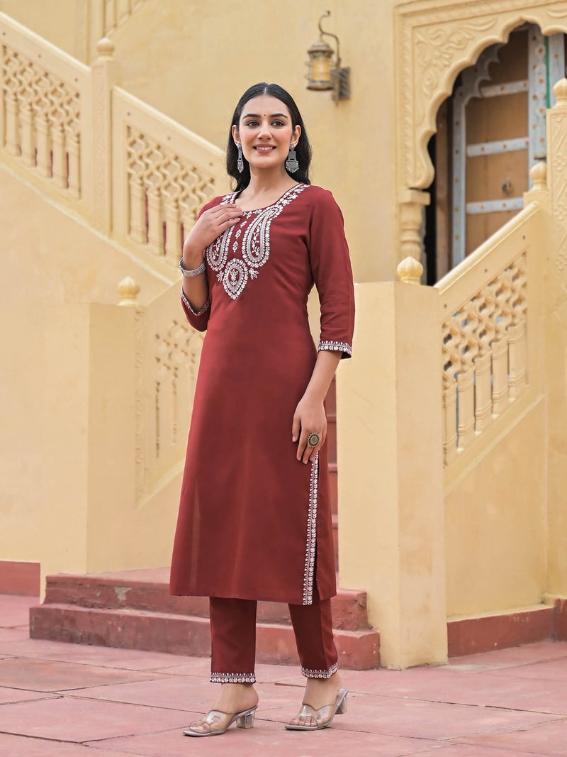 Shifory Maroon Embroidered Kurti Pant Set for Women - Image 3